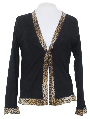 Black Jacket with Leopard Print Collar, Cuffs and Hem